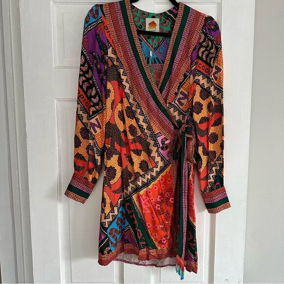 FARM RIO Dotted Patch Scarf Mini Wrap Dress Printed Multicolor - Picture 4 of 10